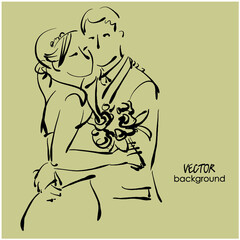 art sketched beautiful young bride and groom with the bride's bouquet. Vector background with space for text.
