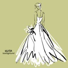art sketch of beautiful young  bride in white dress and with the bride's bouquet. Vector background with space for text.
