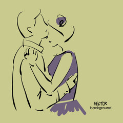 art sketched beautiful kiss young  bride and groom. Vector background with space for text