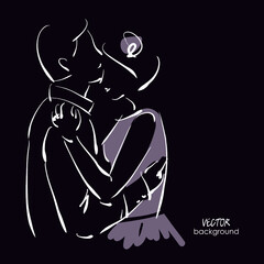 art sketched beautiful kiss young  bride and groom. Vector background with space for text