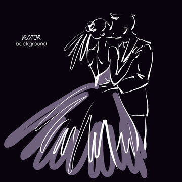 art sketched beautiful kiss young  bride and groom. Vector background with space for text