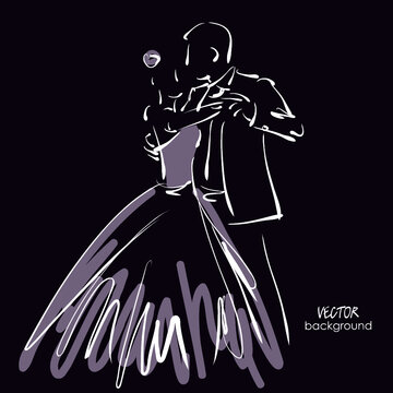 art sketched beautiful young bride and groom in dance. Vector background with space for text.