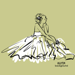 art sketching sitting beautiful young  bride in white dress with the bride's bouquet.Vector background with space for text.