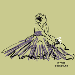 art sketching sitting beautiful young  bride with the bride's bouquet.Vector background with space for text.