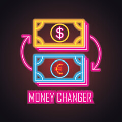 money changer bank with neon sign effect for bank office, vector illustration	