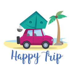 Obraz premium Traveling by car with a tent on a wildlife shore with a palm tree. Vector stock illustration symbol, emblem.