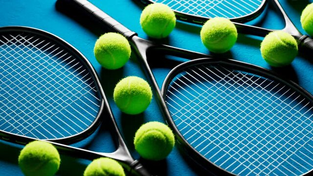 Endless sets of sports equipment. Presenting tennis racquets and balls. Looping.