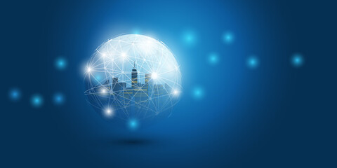 Futuristic Smart City, IoT and Cloud Computing Design Concept with Polygonal Mesh, Cluster and Nodes - Digital Network Connections, Technology Background