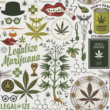 Legalize marijuana. Seamless pattern in retro style with hemp leaves, cannabis plant, hipster face, caduceus and other sketches. Vector repeatable hand-drawn illustration on a light green background