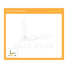 Simple educational draw and coloring game for kids. Illustration of funny Green Onion. 