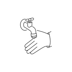 Washing hands under tap water outline icon isolated white background