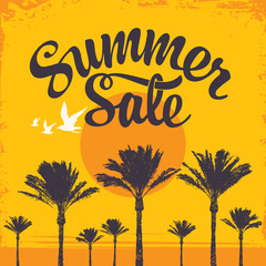 Summer sale banner with a hot tropical landscape. Sale discount illustration. Vector banner with lettering, palm trees, sun and seagulls. Suitable for flyer, label, poster. Special offer prices