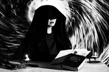 Witch is conducting occult ritual, opening spiritual dimentional portal, black and white magic...