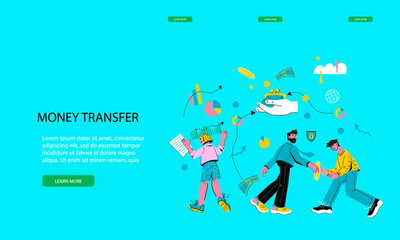 Web page template for money transfer and online transaction tracking site with business people characters. Secure internet payment service and ecommerce. Cartoon vector illustration.