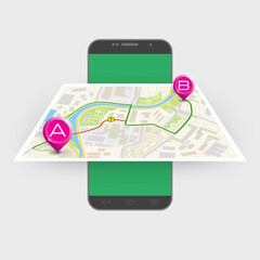 City map route navigation smartphone, phone point marker, drawing 3d schema, simple city plan GPS navigation tablet, itinerary destination arrow paper city map. Route delivery check point graphic