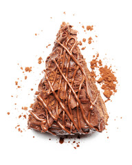 Chocolate cake slice with cocoa powder isolated on white background