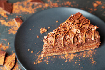 Chocolate cake piece on black plate with cocoa powder