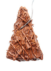 Chocolate cake piece with fork isolated on white background