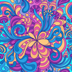 Seamless pattern with colorful magic mushrooms in doodle style. 60s hippie psychedelic art. Vector. Print for fabric