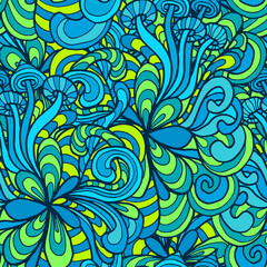 Seamless pattern with colorful magic mushrooms in doodle style. 60s hippie psychedelic art. Vector. Print for fabric