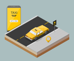 Yellow isometric taxi cab banner. Online mobile application order taxi service illustration. Flat car isometric quality banner. 3D taxi vehicle smartphone. Get a taxi online phone isometry application