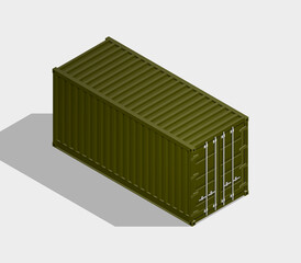 3D Isometric shipping cargo 20 ft container with closed doors. Large metal containers for transportation. Delivery of cargo shipping. 3D illustration