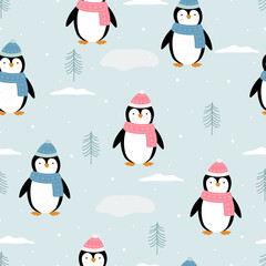Penguin with snow Handdrawn cartoon animal background Seamless pattern