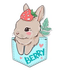 Hand drawn cute Bunny sitting in a pocket. Rabbit Print for children's textiles, poster design, nursery. Vector illustration stock.