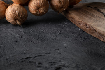 Wooden presentation board on stone floor