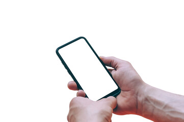 Mock-up technology. Man holds a smartphone in his hands close-up.