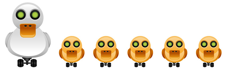 Robot mother duck with baby duck robots.Vector illustration of robot farm duck family.