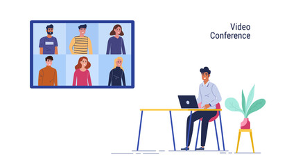 Work from home. Man use laptop online meeting and group video conference in home.