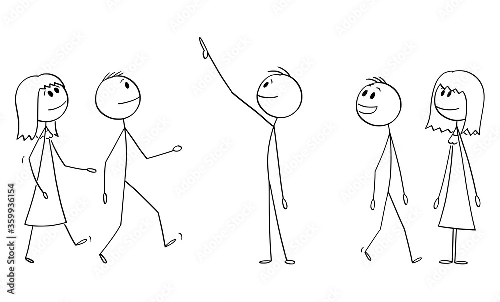 Sticker Vector cartoon stick figure drawing conceptual illustration of group or crowd of smiling people watching something good above them. They show positive emotion or facial expression.