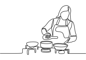 Continuous one line drawing girl cooking food vector illustration. Young woman wearing apron standing on domestic kitchen table full with pan and stove. Happy housewife cooking hobby concept