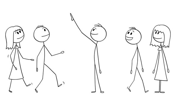Vector cartoon stick figure drawing conceptual illustration of group or crowd of smiling people watching something good above them. They show positive emotion or facial expression.