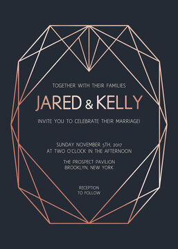 Vector modern design template for wedding invitation. Rose gold geometric diamond on dark background. Art Deco pattern