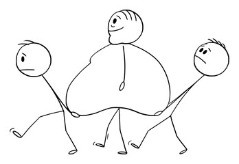 Vector cartoon stick figure drawing conceptual illustration of obese, overweight or fat man walking with two men carrying his belly.