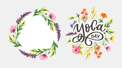 Lettering Yoga. Vector background International Yoga Day. Vector design for poster, T-shirts, bags. Yoga typography. Vector elements for labels, logos, icons, badges.