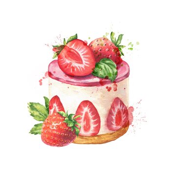 Watercolor strawberry cake isolated on white background. Delicious food illustration.