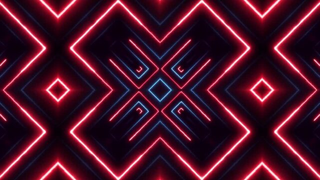 Abstract Digital Kaleidoscopic Background Neon Polygon/ 4k animation of an abstract digital kaleidoscope cg background with neon light polygons in slow motion seamless looping