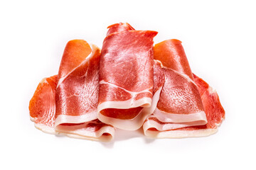 Thinly sliced jamon isolated on white background.