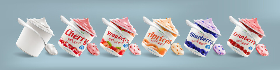 Set of Natural Greek Yogurt packaging container jar design, including strawberry, blueberry, cranberry, cherry, apricot, chocolate taste and blank one, also can be used for ice-cream design