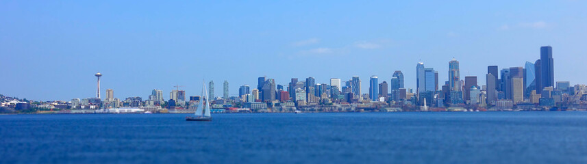 Fototapeta na wymiar Seattle skyline and skyscrapers photographed from the Puget Sound in Washington