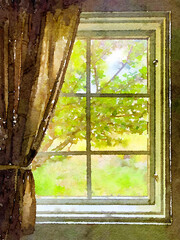 Window with view of apple tree in summer watercolor painting