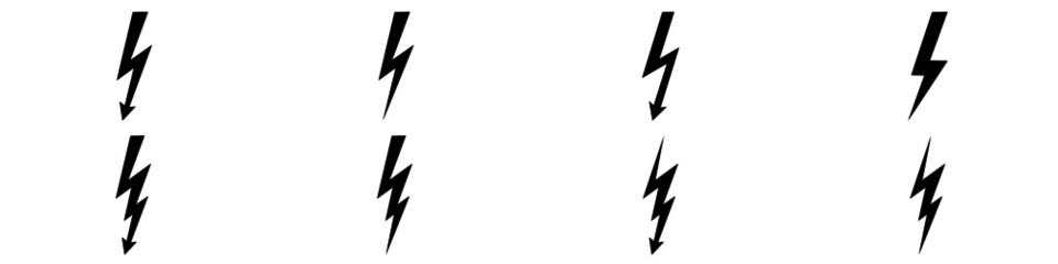 Set of icons representing lightning bolt, lightning strike or thunderstorm. Suitable for voltage, electricity and power signs. Vector Illustration