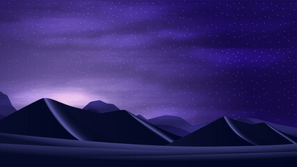 Sunset in the desert with sand dunes, starry cloud sky and mountains on the horizon. © DDevicee