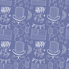 America’s 4th of July Independence Day Seamless Pattern Square. Stars and balloon, flag, hat striped. Digital doodle outline art. Print for packaging, banner, postcard, invitation.