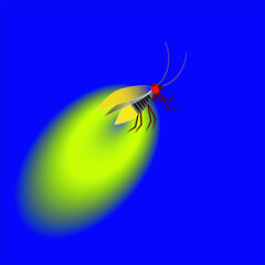 Glowing fireflies in the night. Enigmatic and mysterious illustration with beautiful blue lights in the night.Beautiful firefly spread wings and light at the end of the body.