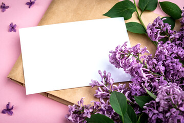 Spring lilac branches and white blank paper on a pink background. Cards for spring, Easter, mother's day, women's day, Valentine's day.