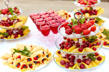 Close-up plate with berries, strawberries. raspberries, cherries, blueberries, and baked goods. Buffet table at the festival. Catering concept